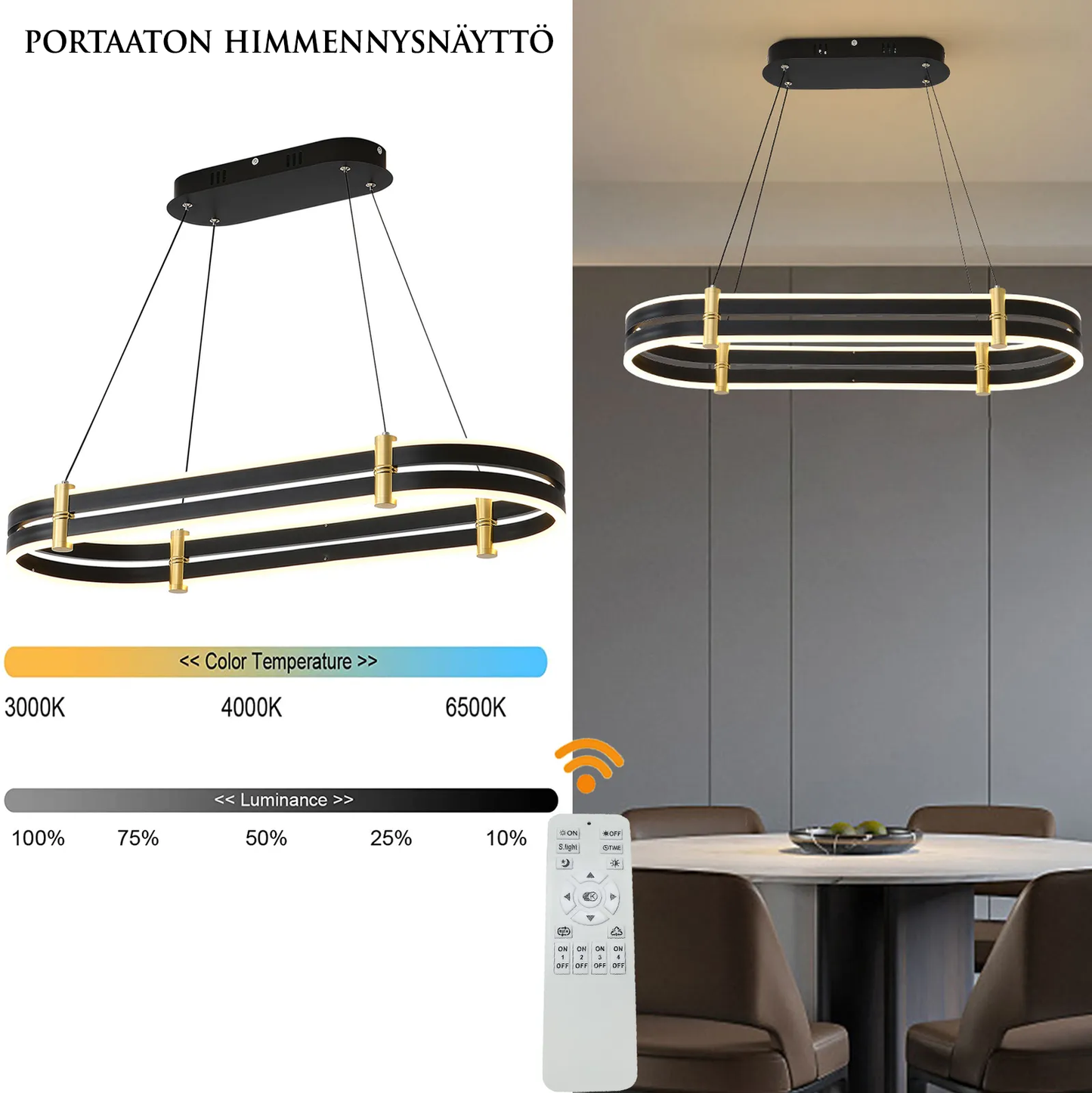 Moderni LED-riippuvalaisin musta ja kulta – himmennettävä 56W ruokapöydän kattovalaisin kaukosäätimellä